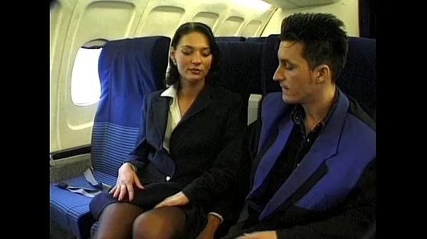 Fresh Brunette beauty wearing stewardess uniform gets fucked on a plane total Movies