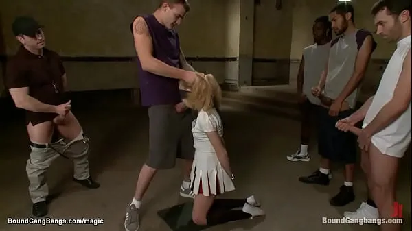 Fresh Blonde cheerleader Emma Haize is blindfolded and bound on knees and throat fucked then suspended double penetration interracial fucked by big dicks total Movies